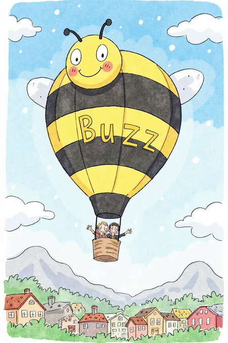 A watercolor image of a cheerful hot air balloon, shaped like a giant bumblebee with a smiling face, floats gently above a colorful town. The balloon's stripes spell out "Buzz" in playful letters, and tiny figures below wave and point excitedly. The background is a sunny, blue sky dotted with fluffy clouds shaped like animals.