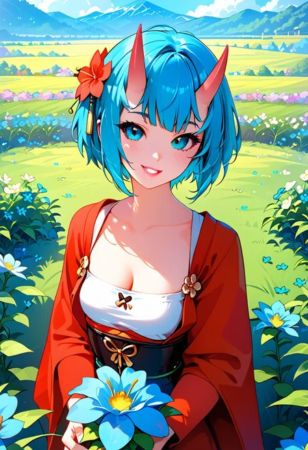 score_9, score_8_up, score_7_up, score_6_up, rating_questionable, 1 girl , score_8_up, score_9, highest quality, extremely detailed, 4k, 8k, Expressiveh, amazing quality, masterpiece, 1girl, highest quality, source_anime, cutest girl in the world, perfect fingers, perfect hands, BREAK dxdaa, oni horns, oni girl, skin-covered horns, short hair, cyan hair, cyan eyes, black sclera, blacksclera, looking at viewer, full lips, smile, teeth, blue and red kimono, cleavage, small breasts, flower in hair, flower field, flowers, surrounded by flowers, blue flowers, outside, daylight