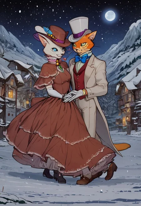 score_9, score_8_up, score_8, cute, in the style of beatrix potter, cel-shading, fca style, baroness louise, white fur, cat, female cat, anthro, baron humbert, ginger fur, cat, male, anthro, suit, tuxedo, blue bow-tie, blow-tie, white gloves, 1girl, furry, hat, 1boy, bowtie, dress, whiskers, hetero, bow, furry female, furry male, formal, gloves, traditional bowtie, top hat, smile, suit, animal ears, elbow gloves, red dress, smiling, blue eyes, walking, walking together, small town background, at night, moon, starry sky, snowy, snowing, nice landscape
