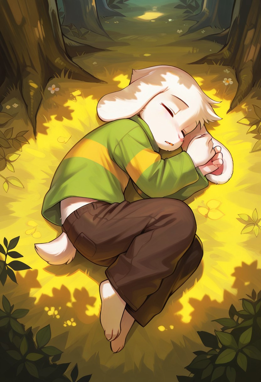 solo, 1boy, asriel_undertale, furry, 1boy, furry male, animal ears, shirt, pants, BREAK outdoors, forest, beautiful, from above, closed eyes, sleeping, fetal position, full body, BREAK ((ultra-detailed)), ((best quality)), ((beautiful eyes)), ((extremely detailed)), 4K, (8K), best quality, (beautiful), Master piece, highres, best quality, official art, highres, masterpiece, detailed background, high quality background,