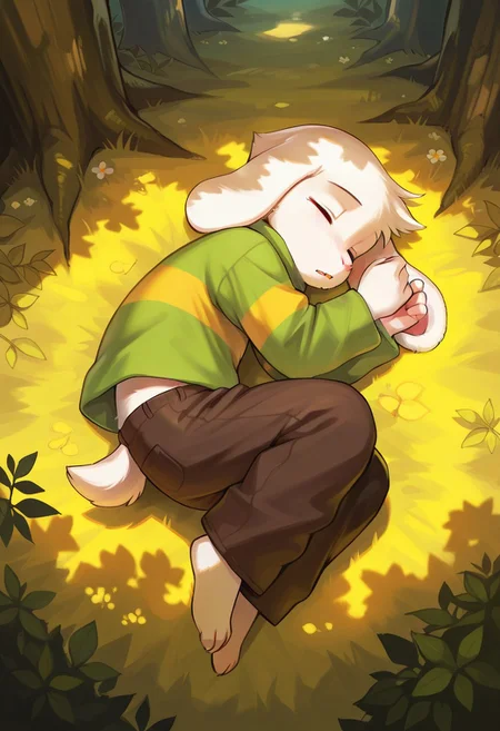 solo, 1boy, asriel_undertale, furry, 1boy, furry male, animal ears, shirt, pants, BREAK outdoors, forest, beautiful, from above, closed eyes, sleeping, fetal position, full body, BREAK ((ultra-detailed)), ((best quality)), ((beautiful eyes)), ((extremely detailed)), 4K, (8K), best quality, (beautiful), Master piece, highres, best quality, official art, highres, masterpiece, detailed background, high quality background,