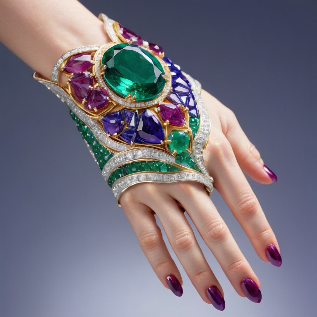 An exquisite glove, meticulously crafted from a myriad of shimmering gemstones. The glove should fit snugly on a hand, with each finger adorned with a different type of gem â sapphires, emeralds, rubies, diamonds, and amethysts. The back of the glove should feature intricate patterns made of smaller gemstones, creating a dazzling mosaic. The gemstones should catch and reflect light, making the glove sparkle with every movement. The overall design should exude opulence and luxury, reminiscent of royal or ceremonial attire. The photograph's quality should be of high resolution, capturing the intricate details, colors, and the luminosity of each gemstone,<lora:ggmine:0.45>,ggmine