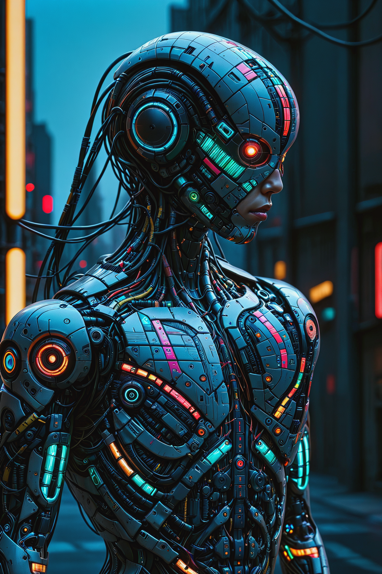 noface (mad_colorful_mosaic:1.2) cyborg, cables, tubes, upperbody, cyberpunk city, neon lights, night <lora:Colorful_Mosaic_SDXL:1.2>  <lora:Faceless_Cyborgs:0.6>, <lora:EnvyBetterHiresFixXL01:1>, masterpiece, best quality, ultra high res, (photorealistic, realistic:1.2), deep shadow, raw photo, film grain, Fujifilm XT3, 8k uhd, dslr