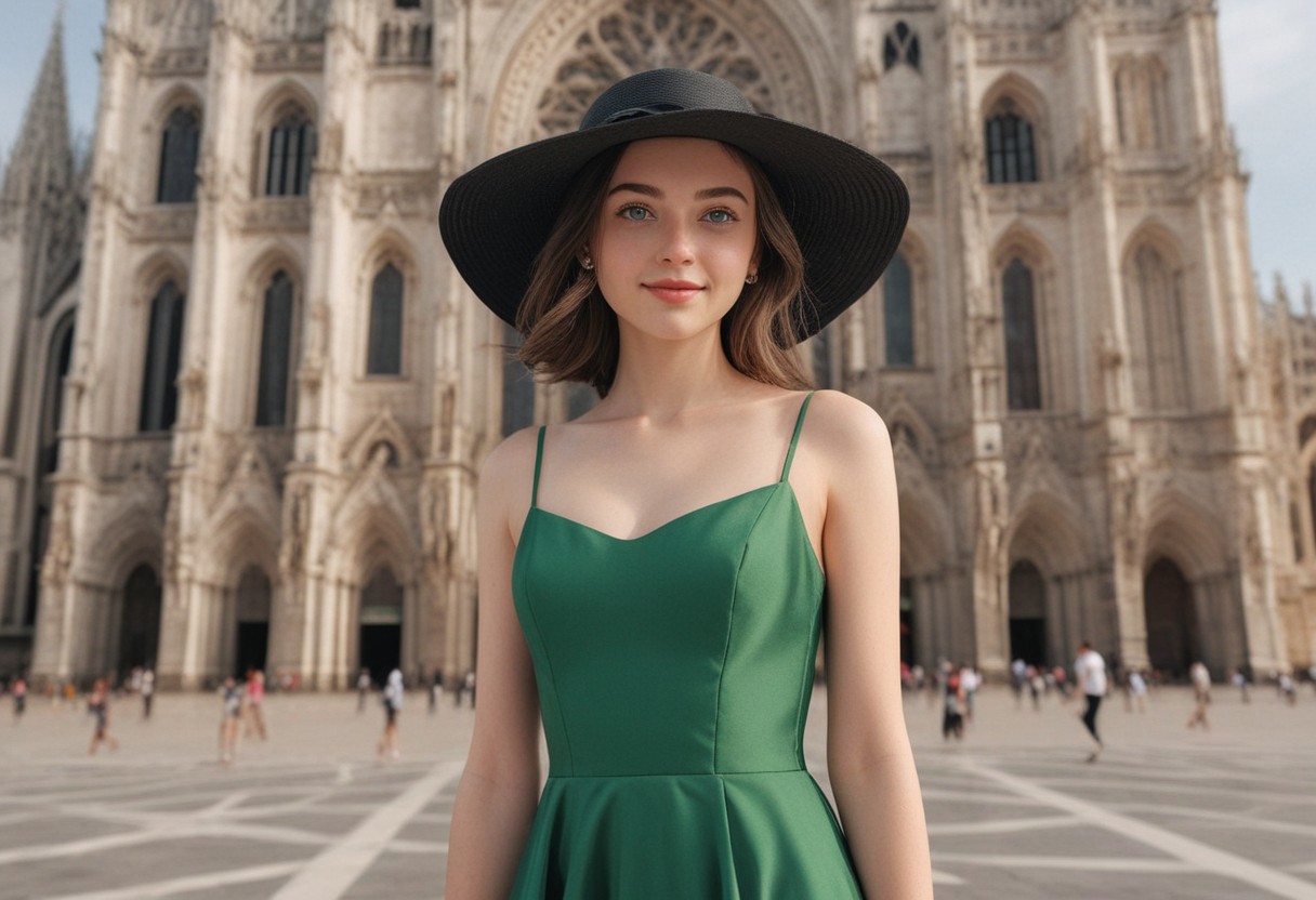 18yo girl posing for pic in front of tall bright cathedral. Joyous Wedding event background. Bride and groom leaving the cathedral in the background. Lots of people cheering in the background.
Blue eyes. small perfecteyes 
Wearing a satin green sundress and a large straw hat
no makeup. Clear skin.  realistic skin style
Long dark black slick back hair. No makeup. Cheerful morning , bright sun light. Looking at camera POV. Slight smile, tilting head.. Tilt head.
(full body:1.5). Bokeh. Bokeh light.