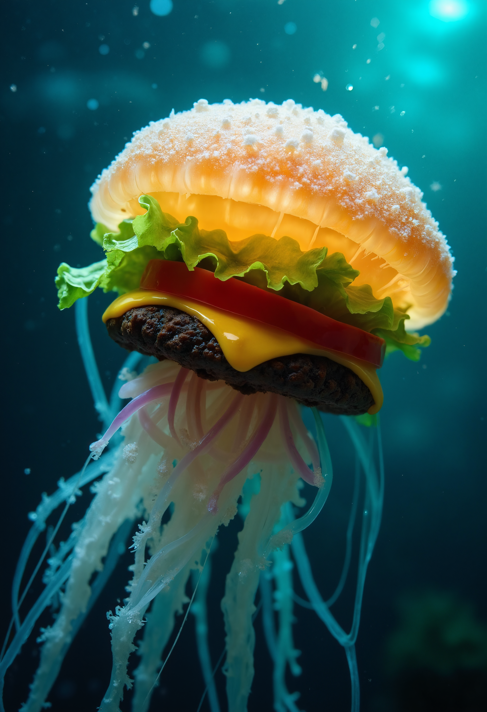 A close-up of a jellyfish shaped like a hamburger, with the bell of the jellyfish forming the (slightly translucent:0.5) top bun, the edge of the bell is formed by lettuce, tendrills are made of long strands of onion, under the lettuce is a slice of cheese slightly melted directly on the patty. additionally you can see a slice of tomato as well as other layers of the burger. The patty is a darker, denser part of the jellyfish's body, with intricate textures resembling a grilled surface. The tendrils and tentacles of the jellyfish dangle below,  The entire structure is floating gently in the water, with light filtering through, creating a surreal underwater scene. Canon EOS R5, 100mm macro lens, f/2.8, shallow depth of field, soft underwater lighting, high contrast.