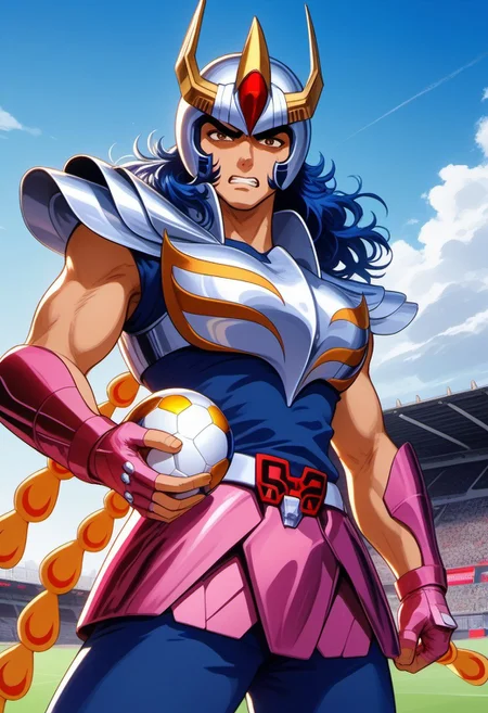 score_9, score_8_up, score_7_up, pheikkiv1, 1boy, male focus, toned male, pronged helmet, long hair, blue hair, silver breastplate, silver pauldrons, blue undershirt, magenta vambraces, magenta fingerless gloves, belt, belt buckle, magenta faulds, tail feathers, phoenix tail feathers, blue pants, magenta greaves, FMIXF, FMW1, painterly, vibrant details, deflated soccer ball, holding ball, looking down, scowl, clenched teeth, looking at viewer, annoyed, outdoors, soccer field, view from below