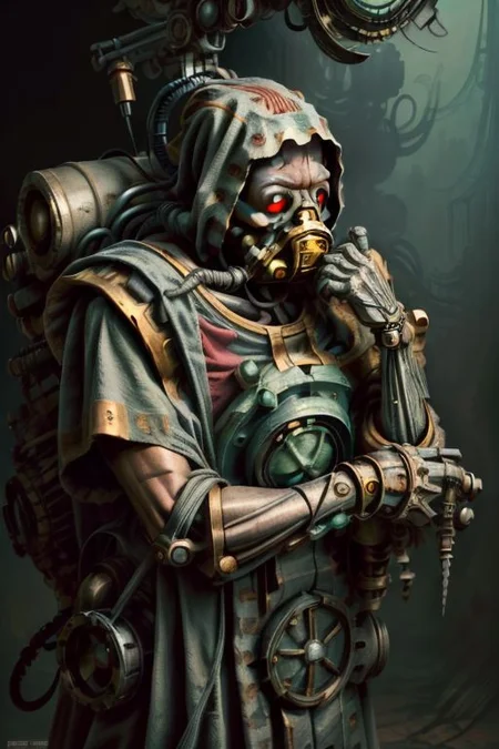 ((masterpiece,best quality)), absurdres, BREAK
mechanical arms, robes, hood, BREAK
((techpriest)), cyborg, mechanical face, mechanical limbs, gas mask, mechanical tentacles, (mechanical backpack), green cloak, BREAK
1other, solo, holding gun, weapon, gun, firearm, BREAK
(ZonaiAI),
