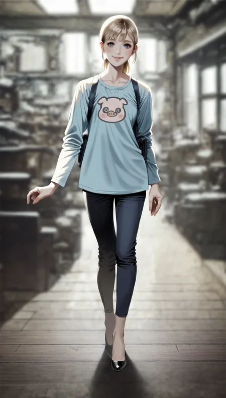 score_9,score_8_up,score_7_up,
realistic,analog photograph,(bloom:1.2),highly detailed,highres,photorealism,
<lora:leanne:1>,leanne,
1girl,solo,blonde hair,long hair,bangs,low ponytail,
blue eyes,looking at viewer,smile,
(white long sleeve shirt with anime piggy pattern on it:0.9),(capri pants:1.1),
(black short heels:1.1),
full body,standing,
indoors,blurry background,steampunk theme,living room,