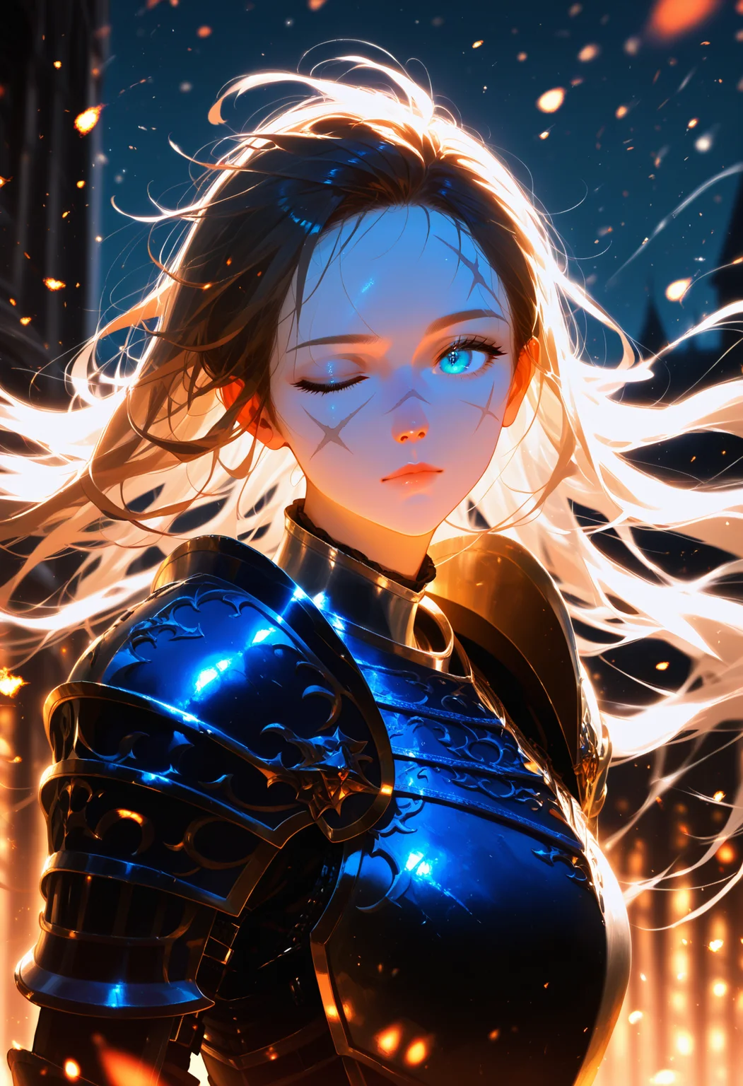 <lora:EtherPDXLStyleXL:1>, best quality, masterpiece, EtherPDXLStyle, 1girl, shoulder armor, blue eyes, long hair, scar on face, one eye closed, pauldrons, lips, breastplate, floating hair, brown hair, looking at viewer, embers, upper body, blurry background, night, outdoors, scar across eye, backlighting, wind, knight, closed mouth, blue armor, nose, plate armor, scar on forehead, eyelashes, semi-realistic