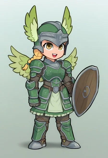 benrawtod,
1girl, chibi, solo, braid, smile, ankle lace-up, armor, armored dress, green armor, head wings, helmet, open mouth, shield, single braid, sword, valkyrie, weapon, winged helmet, wings