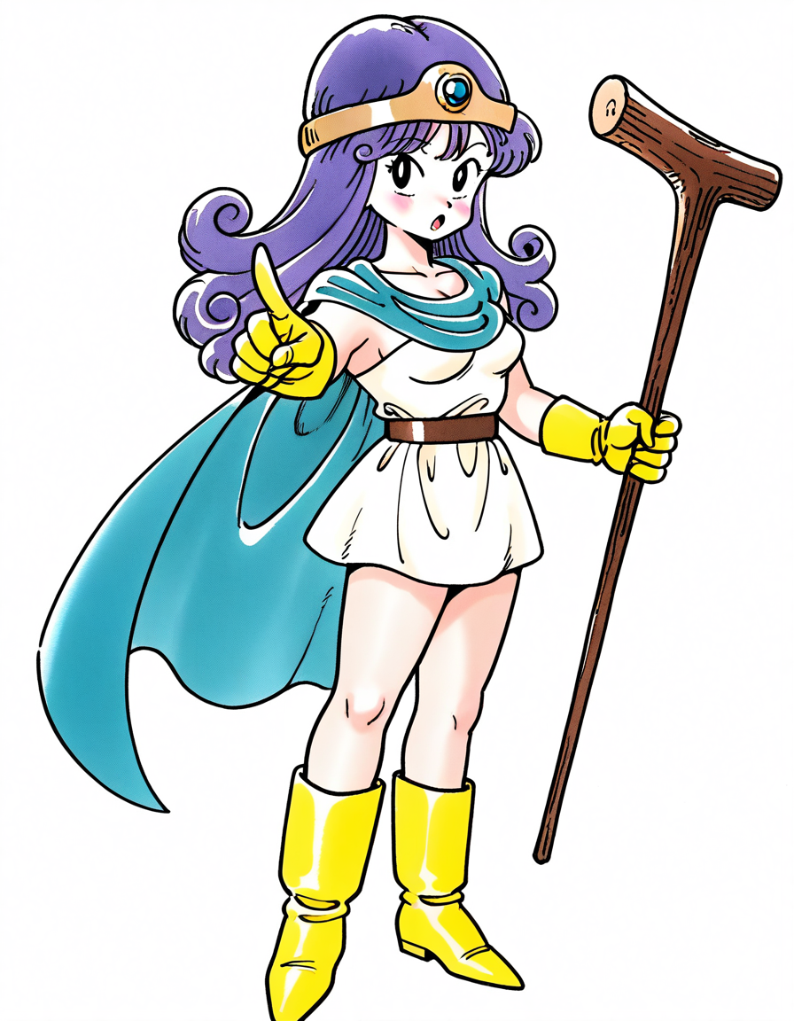 general,highres, ultra-detailed,very aesthetic,best quality ,best hands,  BREAK  <lora:Sage_DQâ¢_FC_IS:1>
Sage_DQâ¢_FC, 1girl,black eyes, long hair, blue hair,  purple hair, sage (dq3), breasts, curly hair, retro artstyle, 1980s (style), 
solo, cape, boots, yellow gloves, staff, yellow footwear, dress, holding, open mouth, circlet, looking at viewer, :o, white background, holding staff, pointing, 
simple background, white dress, blue cape, belt, short dress, full body, collarbone, blush, standing, index finger raised