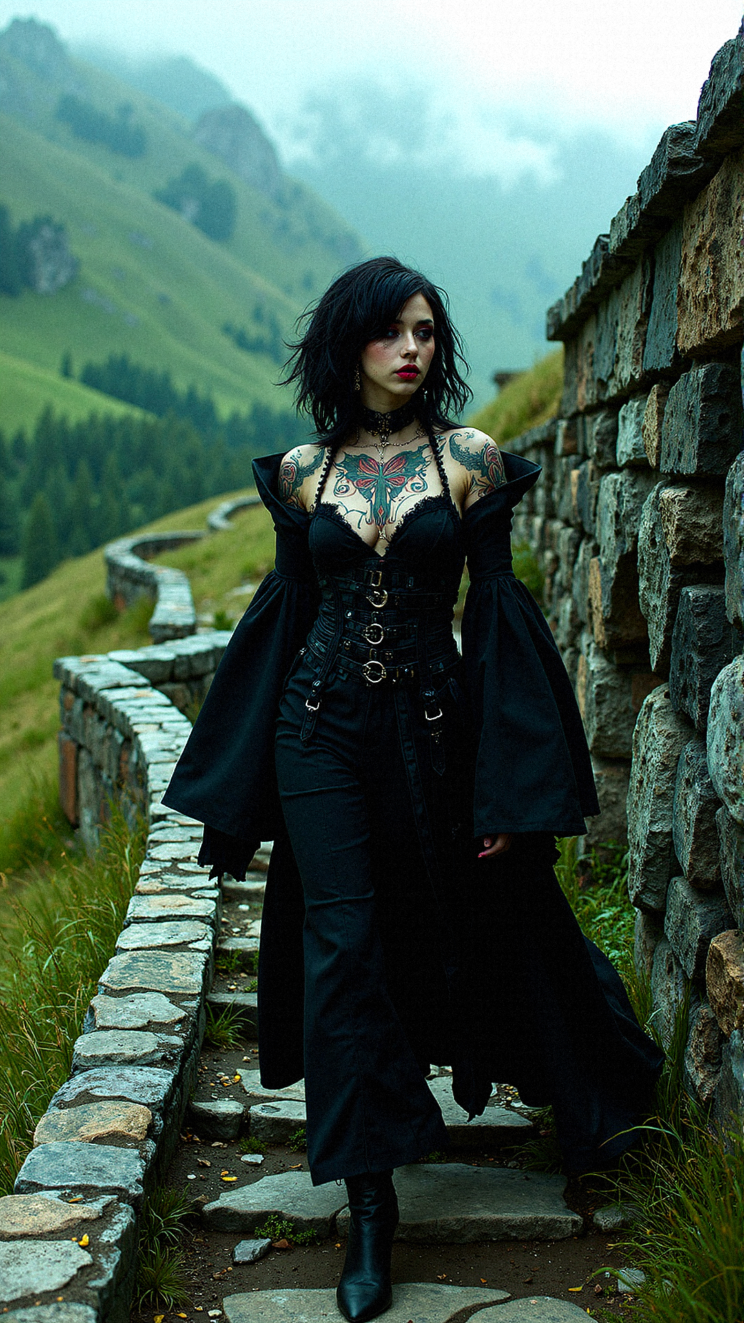 A mysterious woman with piercing red eyeshadow, dark tousled hair, and an exposed dragon tattoo on her neck and chest walks along a dramatic mountain pathway. Her gothic-inspired black attire, complete with oversized sleeves and metallic earrings, adds a modern, edgy contrast to the ancient stone stairs and the vibrant greenery around her. The weathered pathway snakes through rolling hills, leading into the mist. The composition balances the raw power of her presence with the tranquil majesty of the natural surroundings, creating an atmospheric, storybook-like scene.

Extreme emphasize on photorealistic, realistic detail, realistic reflection detail and realistic background detail. 















