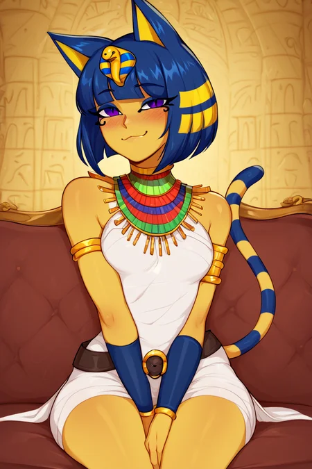 score_9, score_8_up, score_8, medium breasts, (curvy), cute, eyelashes, ,,, zzEgyptian, animal crossing, animal ears, zzAnkha, armlet, backlighting, bare shoulders, belt, blonde hair, blue hair, blunt bangs, blunt ends, bob cut, cat ears, cat girl, cat tail, closed mouth, cropped, daniel deng, dark skin, dress, eye of horus, eyelashes, eyes visible through hair, facial tattoo, humanization, purple eyes, shiny skin, short hair, slit pupils, tattoo, usekh collar, white dress , <lora:Egyptian_PDXL:0.8>, ,,, hand between legs, blush, smug, ,,, smile, looking at viewer, blush, blurry, couch, sitting, ,,, ,,, <lora:Afrobull_PDXL_v5:0.8>, , ,,, BREAK, smile, looking at viewer, cowboy shot, embedding:zPDXL, Expressiveh, <lora:SDXLFaeTastic2400:0.5>, <lora:Expressive_H-000001:0.4>,