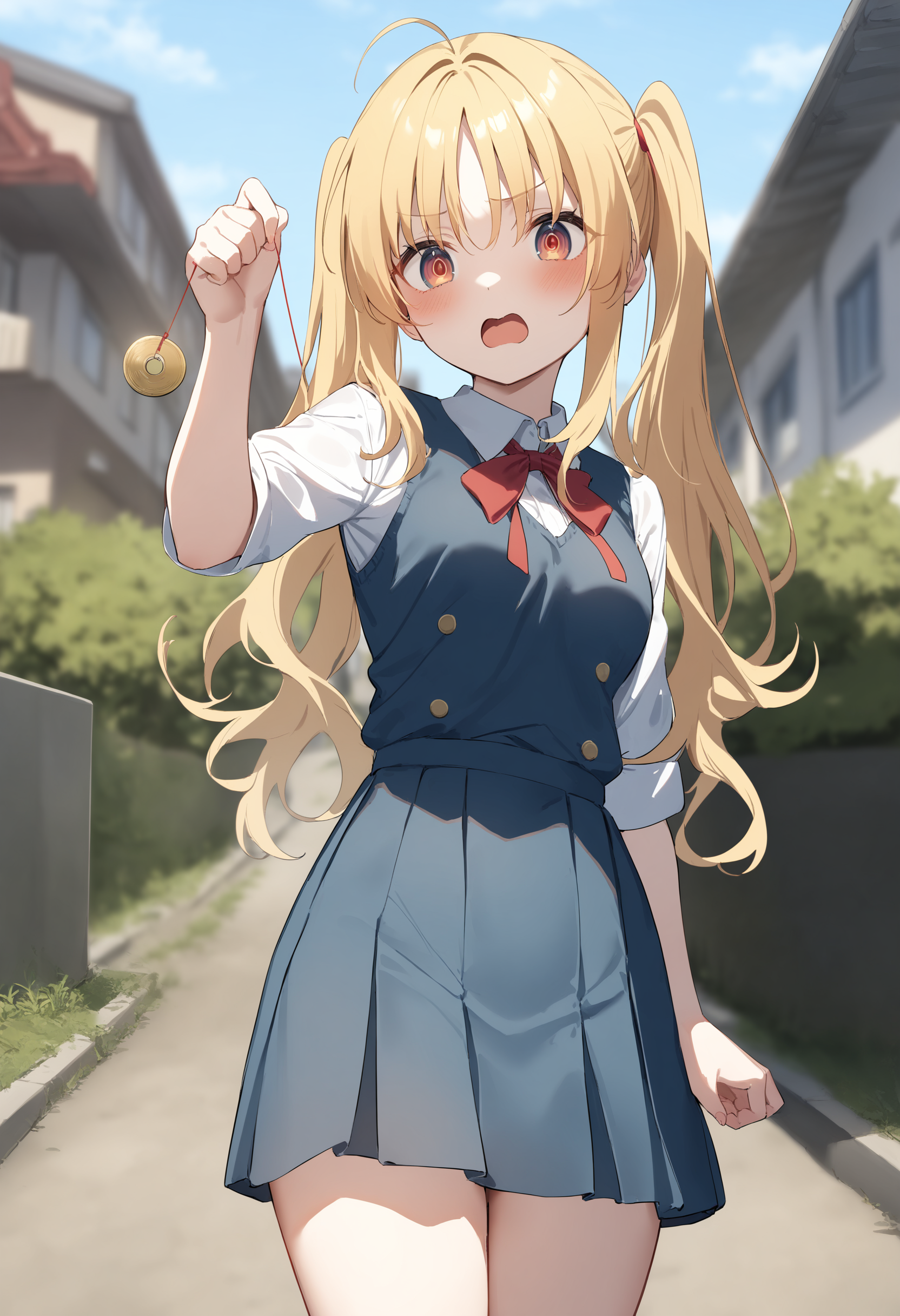 1girl,sincos, ningen mame, toosaka asagi,solo,medium breasts,school uniform,
hypnosis, mind control,looking at viewer,  hand up, coin on string, <lora:hypnosis_XL_v1:0.7>
wide shot, blonde hair, brown eyes,scared, residential area, open mouth, twin drills hair,
best quality, very aesthetic, absurdres