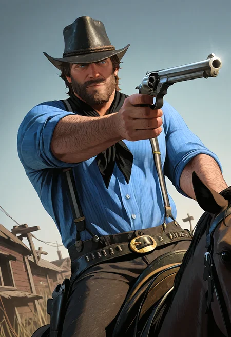 1boy, rdr2arthurm0rgan, mature male, messy medium brown hair, blue eyes, scruffy beard,
cowboy hat, blue shirt, suspenders, black neckerchief, belt, holster, pistol, riding horse, aiming gun, intense expression, action shot, medium shot, dynamic angle,
western town,
masterpiece, best quality, absurdres, newest, perfect quality, detailed background, intricate details, great lighting
