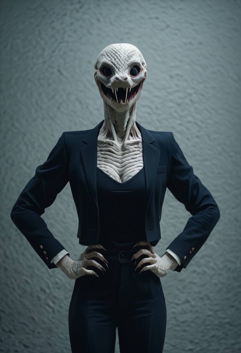 score_9, score_8_up, score_7_up, score_6_up, source_real, source_photo, a 3/4 three-quarters length portrait, scaled skin, snake head, snake-shaped face, snake snout, scales, albino snakewoman, reptilian, albino snake skin, 1girl, Durge, female Durge, source_real, source_photo,, Body horror, albino body, blind eyes,, albino skin,, monster, scary, paranormal, pale,, jaws, fangs, teeth, hands on hips, front view, 
AmericanHeritage-Pos
AmericanHeritage-Pos
AmericanHeritage-Pos
AmericanHeritage-Pos
Cleavage,
auralora, glowing dark purple
Black suit, black jacket, black shirt, black pants, Black suit, black jacket, black shirt, black pants, Black suit, black jacket, black shirt, black pants, Black suit, black jacket, black shirt, black pants,
zPDXL2
, snakewoman snake head Durge. Evil smile,, blind eyes, hands by side,, no pupils,  horror, scary face, monstrous, evil,,