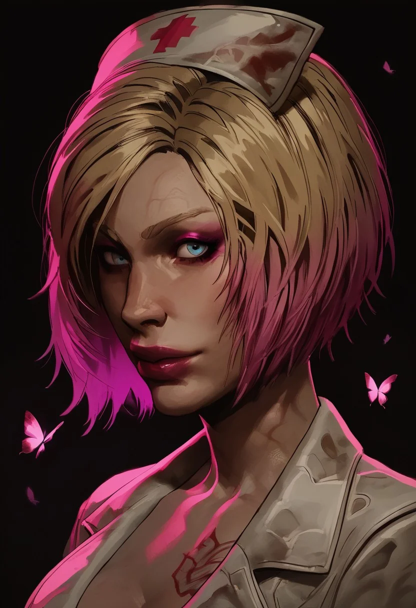 score_9, score_8_up, score_8_up, 1girl, 1girl, solo, SH2R_Mary, blonde hair, short hair, multicolored hair, pink dyed tips, blue eyes, makeup, pink eyeshadow, magenta lipstick, butterfly tattoo on her chest, glowing pink eyes, white nurse outfit, massive tits, massive ass, nurse, silent hill, showing off her body, eye contact, arching back, fit body