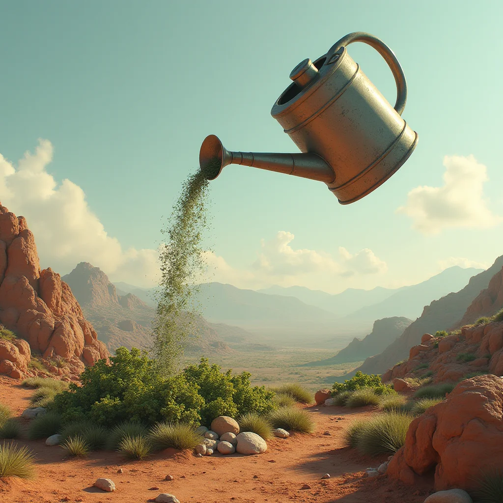 Create a picture of a giant watering can pouring a city-sized garden onto a barren planet, photo realistic, 4k