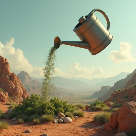 Create a picture of a giant watering can pouring a city-sized garden onto a barren planet, photo realistic, 4k