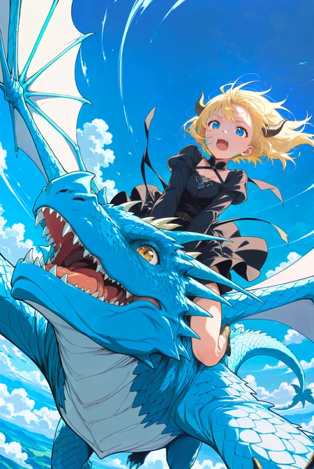 1girl, (close up:0.7), sitting, riding a dragon, riding, riding animal, dragon, western dragon, wings, flying, (dynamic angle:0.5),
face focus, blue sky, open mouth, tearing up, happy,
blue theme,cloud, among clouds, day, horns, (multiple wings:0.6), outdoors, scales, scenery, sky, foreshortening,
serious, expresionless,
dress, black dress, blonde hair, long sleeves, magical girl,
anime coloring, flat color,
masterpiece, best quality, amazing quality, very aesthetic, absurdres,
<lora:ponyv4_noob1_2_adamW:0.75> <lora:add-detail-xl:1> <lora:d\EnvyZoomSliderXL01:1.1>