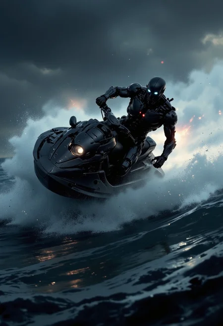 nistyle, a_skynet_cyberdyne_craft, the image is featuring a closeup of a terminator endoskeleton riding a jet ski at speed on a stormy ocean, silhouetted, chiascuro