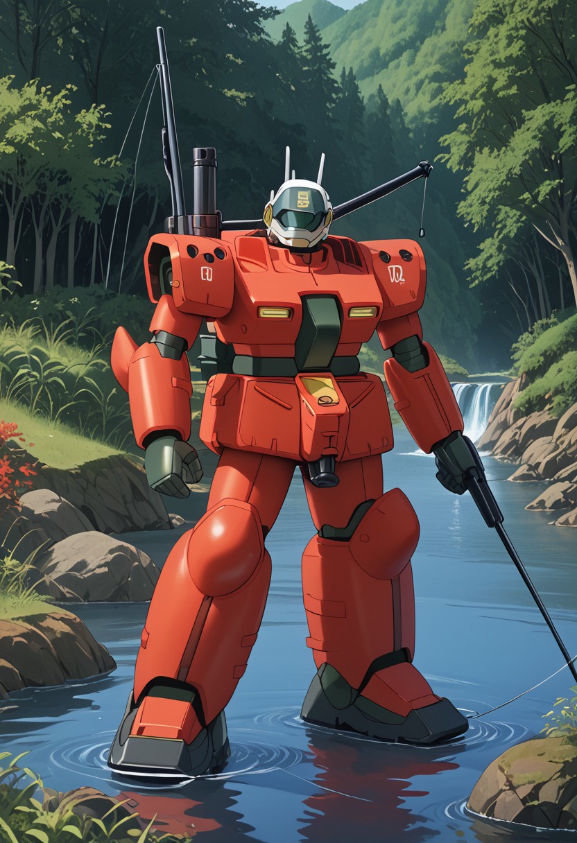 score_9, score_8_up, score_7_up, source_anime, front view, BREAK,  ( guncannon_mass_production_type, riverside, looking at viewer,) 1mech, copper mech, copper armor, metallic armor, water side, river bank, fishing, fishing rod, fishing pole, fishing line, shoulder cannons stowed, mech focus, solo, BREAK, two arms,