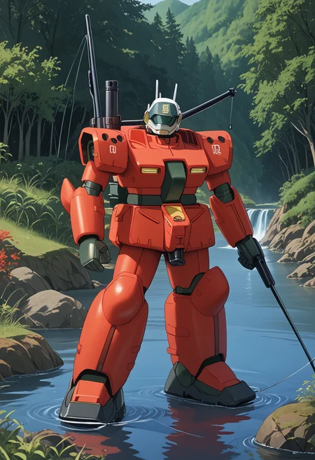score_9, score_8_up, score_7_up, source_anime, front view, BREAK,  ( guncannon_mass_production_type, riverside, looking at viewer,) 1mech, copper mech, copper armor, metallic armor, water side, river bank, fishing, fishing rod, fishing pole, fishing line, shoulder cannons stowed, mech focus, solo, BREAK, two arms,