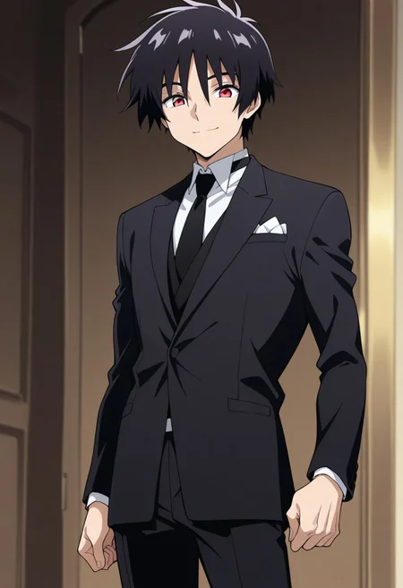 masterpiece,best quality,amazing quality, source_anime,
ShinnAsuka, 1boy, male focus, solo, red eyes, black hair, formal, shirt, white shirt, collared shirt, necktie, black necktie, jacket, black jacket, tuxedo, smile,