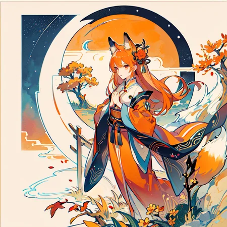 1girl, (\(orange fox ears\):1.1), looking_at_viewer, jewelry, ribbon, ribbon-trimmed sleeves, long hair, white, (red_eyes), watercolor (medium), colored pencil (medium), bow, earrings, mountain, dusk, autumn leaves, ((autumn)), Chinese clothes, east Asian architecture, bird, expressionless, building, [fire], (orange_hair), (\(orange fox tails\)), \(fox mask\), \(red dress\), wet, rain, water, (flowers), petals, sky,  clouds, \(crescent moon\), shooting star, starry sky, tree, house, (river:0.8), (ocean:0.8),(waterfall:0.8), \(hand on own chest\), lamppost, lights,  (circular_border:1.5), (night), hitodama
