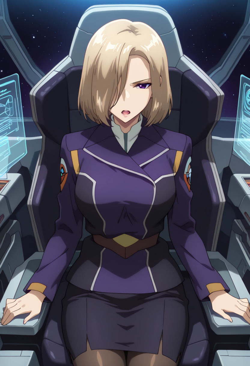 masterpiece, best quality, amazing quality, very aesthetic, absurdres, newest, illustration, perfect composition, intricate details, highres, anime coloring, general, 1girl, solo, (cowboy shot:1.2), rinxx, mature female, purple eyes, blonde hair, short hair, hair over one eye, lips, medium breasts, rinuniform, two-tone jacket, purple military jacket, white collared shirt, long sleeves, emblem, belt, black pencil skirt, pantyhose, high heels, science fiction, cockpit, holographic interface, space, shoulder guard, sitting, serious, open mouth, shiny body, shiny skin, skindentation, clear skin, shiny hair, ultra detailed eyes, depth of field, sharp, intricate details, hyperdetailed, ultra-detailed, detailed clothing folds, high contrast, dynamic light <lora:Suzukaze_Rin_Majestic_Prince_ill:1>