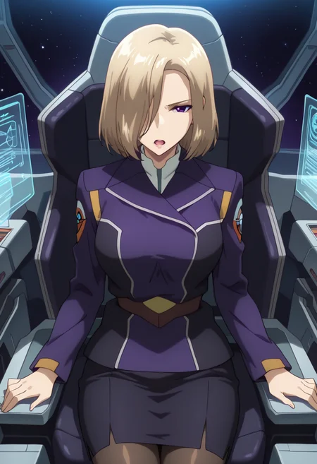 masterpiece, best quality, amazing quality, very aesthetic, absurdres, newest, illustration, perfect composition, intricate details, highres, anime coloring, general, 1girl, solo, (cowboy shot:1.2), rinxx, mature female, purple eyes, blonde hair, short hair, hair over one eye, lips, medium breasts, rinuniform, two-tone jacket, purple military jacket, white collared shirt, long sleeves, emblem, belt, black pencil skirt, pantyhose, high heels, science fiction, cockpit, holographic interface, space, shoulder guard, sitting, serious, open mouth, shiny body, shiny skin, skindentation, clear skin, shiny hair, ultra detailed eyes, depth of field, sharp, intricate details, hyperdetailed, ultra-detailed, detailed clothing folds, high contrast, dynamic light <lora:Suzukaze_Rin_Majestic_Prince_ill:1>