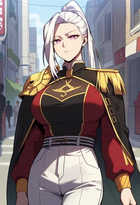 score_9, score_8_up, score_7_up, score_6_up, source_anime, rating_explicit, 1girl, solo, huge breasts, <lora:Baek Hwayeon prefectPonyxl:0.85> long hair, white hair, purple eyes, pink eyes, high ponytail, red eyes, high collar, shoulder armor, epaulettes, (black cape:1.1), red jacket, open jacket, long sleeves, black shirt, black belt, white pants, expressionless, street, outdoors, looking at viewer, standing