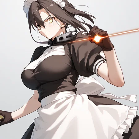 <lora:Takeuchi_Takashi_PonyXL_style_v01:1>
<lora:agent.pony:1>
score_9 , score_8_up , score_7_up , source_anime , 
masterpiece , best quality , ultra-detailed , 
BREAK
agent \(girls' frontline\), maid
1girl , woman , huge breasts , light smile , light blush , ((medusa (fate)):0.5)  , 
long black hair  , maid dress ,  
Fighting stance
