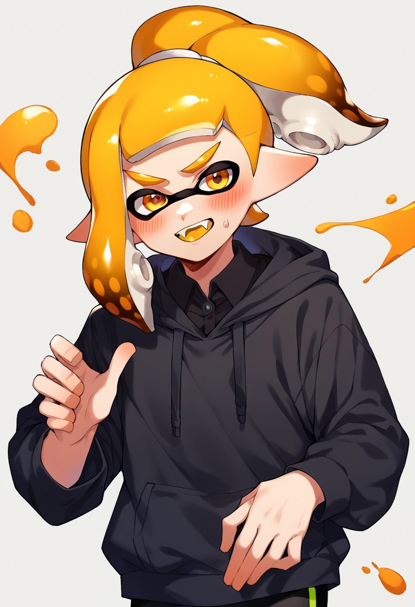 score_9, score_8, score_7, source_anime, inkling boy, blush, colored tongue, black shirt, collared shirt, hoodie, ponytail, paint splatter, leggings, teeth