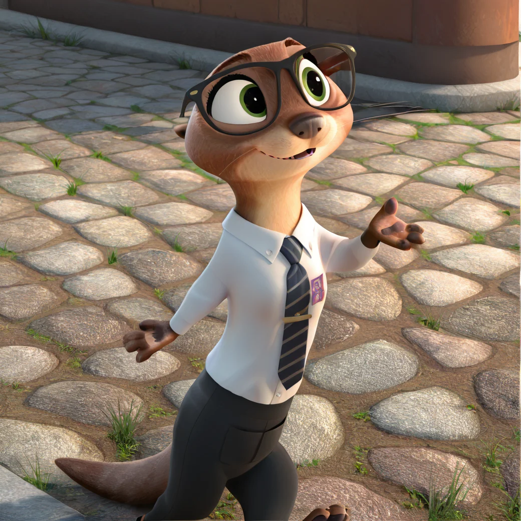 <lora:otterton_illustrious:1>, solo, 1girl, furry female, animal ears, animal nose, brown fur, otter, green eyes, mrs. otterton, wearing white button up shirt and tie, glasses, black pants, , happy expression, walking, outside, (masterpiece), (best quality), (ultra-detailed), amazing quality, very aesthetic, illustration, perfect composition, intricate details, absurdres, incredibly absurdres, 3d, 3d model, detailed fur