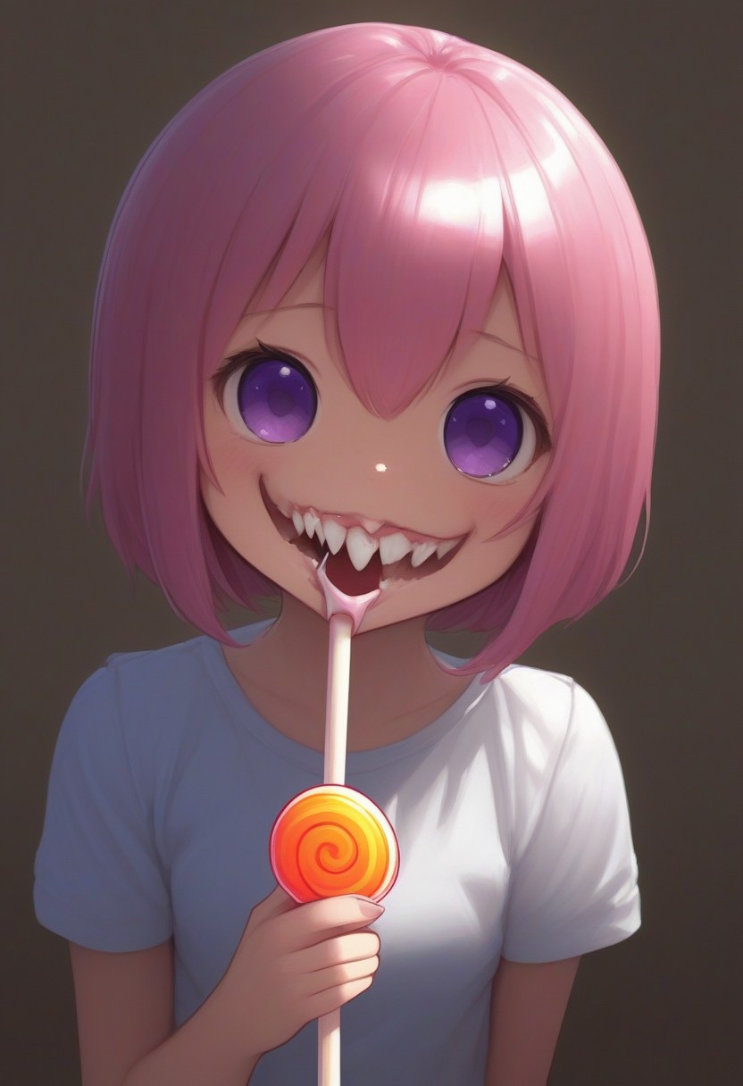 CivChan, purple eyes, pink hair,
(licking a giant lollipop made from teeth, made_from_teef:1.5)