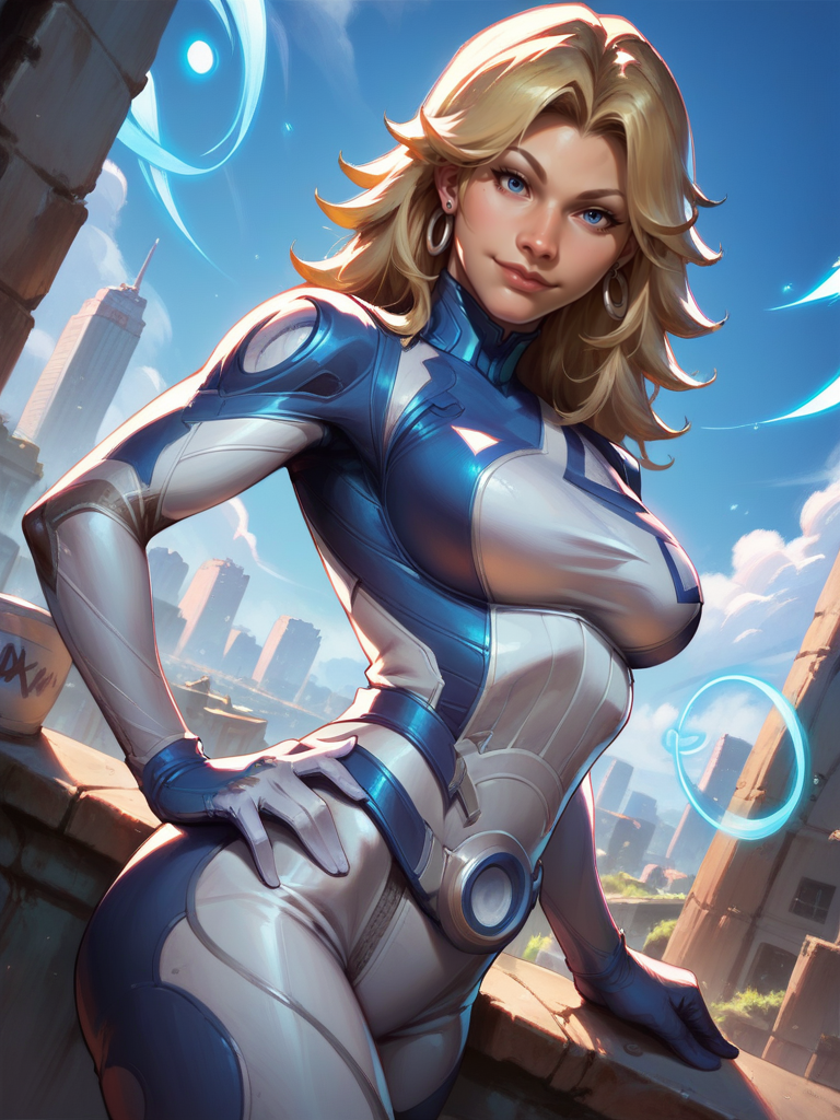 score_9, score_8_up, score_7_up, 1girl, dynamic pose, cowboy shot, looking at viewer, sexy pose, sexually suggestive, smile, dutch angle, city, detailed landscape,, hand on hips, one hand up, energy around, 
<lora:ASueStorm_character:0.8>, SueStormXL, blonde hair, blue eyes, earrings, bodysuit, gloves,<lora:Realistic_2.5DAnime_Merge1:0.6>
