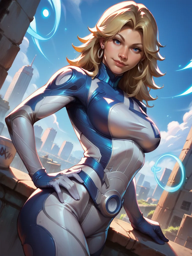 score_9, score_8_up, score_7_up, 1girl, dynamic pose, cowboy shot, looking at viewer, sexy pose, sexually suggestive, smile, dutch angle, city, detailed landscape,, hand on hips, one hand up, energy around,
<lora:ASueStorm_character:0.8>, SueStormXL, blonde hair, blue eyes, earrings, bodysuit, gloves,<lora:Realistic_2.5DAnime_Merge1:0.6>