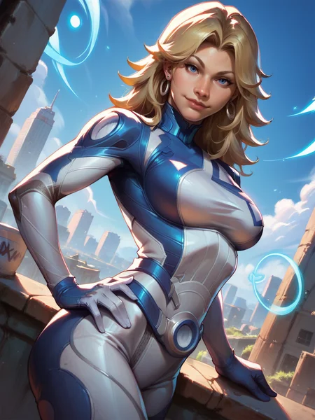 score_9, score_8_up, score_7_up, 1girl, dynamic pose, cowboy shot, looking at viewer, sexy pose, sexually suggestive, smile, dutch angle, city, detailed landscape,, hand on hips, one hand up, energy around, 
<lora:ASueStorm_character:0.8>, SueStormXL, blonde hair, blue eyes, earrings, bodysuit, gloves,<lora:Realistic_2.5DAnime_Merge1:0.6>