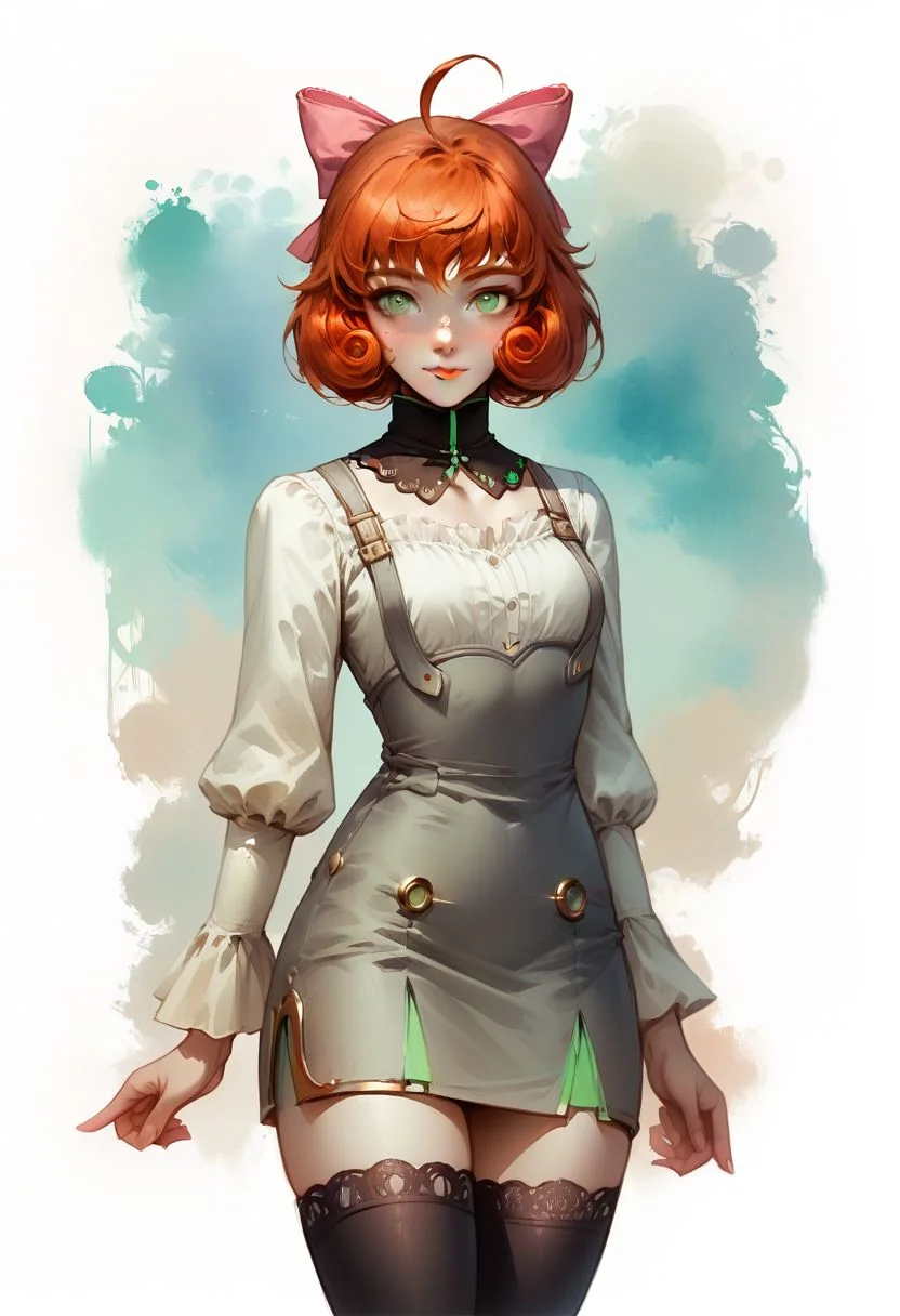 Faded Headshot, faded bottom, faded edges ,score_9,score_8_up,score_7_up,score_6_up,score_5_up,
1girl, Penny Polendina, \(RWBY\),(ultra HD quality details), green eyes, ginger hair,
short hair,
gorget, grey dress, short dress, pencil skirt, neon trim, gold trim, white blouse, long sleeves, black thighhighs, pink bow,
perfect anatomy, perfect face, abstract beauty, beautiful, centered, looking at the camera, approaching perfection, dynamic, moonlight, highly detailed, watercolor painting, artstation, concept art, smooth, sharp focus, illustration,
small breasts,