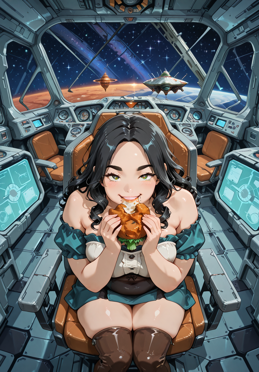 IllusP0s, PonyScores7, source_anime, ah1, IllustriousQual, interesting, exciting, spectacular, wonderful, amazing quality, absolutely eye-catching, 
BREAK <lora:xl_more_art-full_v1:0.2>, <lora:aesthetic_anime_v1s:0.2>, <lora:detailxl:0.2>, detailxl, amazing quality, best aesthetic, absurdres, illustration, Volumetric_Lighting, ultra-detailed, very aesthetic, intricate details, best_quality, lazympos, <lora:Add_Details_v1.2:0.4>, <lora:quality_modifiers_masterpieces_v1:0.2>, anime style, <lora:HDA_Detailer:0.3>, <lora:natsumi_style:0.2>, <lora:by_usakun-pony:0.2>, by usakun, <lora:Akina_Bbw_Style_-_PonyXL:0.2>, AkinBw,
BREAK (((eating Crunchy and savory buffalo cauliflower bites))), <lora:DynamicPoseIL2att_alpha1.0_rank4_noxattn_900steps:0.2>, dynamic pose, foreshortening, extreme perspective, <lora:dynamic_anime_art_illustriousXL:0.2>, dynamic_anime_art,
BREAK 1girl, mature female, (curvy), round-chin, caucasian, <lora:ETO_OC_Illustrius:0.5>, eto_oc, <lora:skindentation:0.2>, skindentationILL, skindentation, (plump), thick thighs, wide hips, busty, voluptuous, <lora:plussizegirls_IL:0.3>, <lora:plussizegirls_pony:0.3>, <lora:shinyskin2:0.2>, glistening skin, HDA_FatGirlXL, round ass, large breasts, <lora:perfection style:0.2>, perfection style, perfection, 
BREAK ((teal velvet off-the-shoulder dress with a fitted bodice and matching thigh-high boots)),
BREAK (curly hair), long hair, (black hair:1.4), (parted hair:1.7), messy hair, kinky curls, <lora:hairdetailpxl:0.2>, hairdetailpxl,
BREAK (half green and brown eyes), (colorful eyes), (multicolored eyes), (downturned eyes:1.4), expressive eyes, detailed eyes, (round face:1.2), (thick eyebrows:1.3), (plump face), <lora:Round_face:0.2>, lips,
BREAK (((naughty face expression))), <lora:Expressive_H:0.2>, Expressiveh, <lora:Emotional_Anime_Expressions_PonyXL_Concept:0.2>, emotional, <lora:Best_Facial_Expression_LoRA_PONY:0.2>, looking at viewer, <lora:Detailed expressive EXEV style -XL Pony V1.0:0.2>, FaceDetail, <lora:Best_Facial_Expression_Helper_XTREME_ILLU:0.4>, kaogei,
BREAK (((<lora:SpaceBridge:0.8>, br1dg3, indoors, science fiction, scenery, spacecraft, star (sky), space, interior, window, chair, cockpit, holographic monitor, screen))), (((absolutely everyone))), 4k, 8k, Ultra HD, Masterpiece, Best quality, Detailed background, <lora:AddMicroDetails_Illustrious_v3:0.2>, addmicrodetails