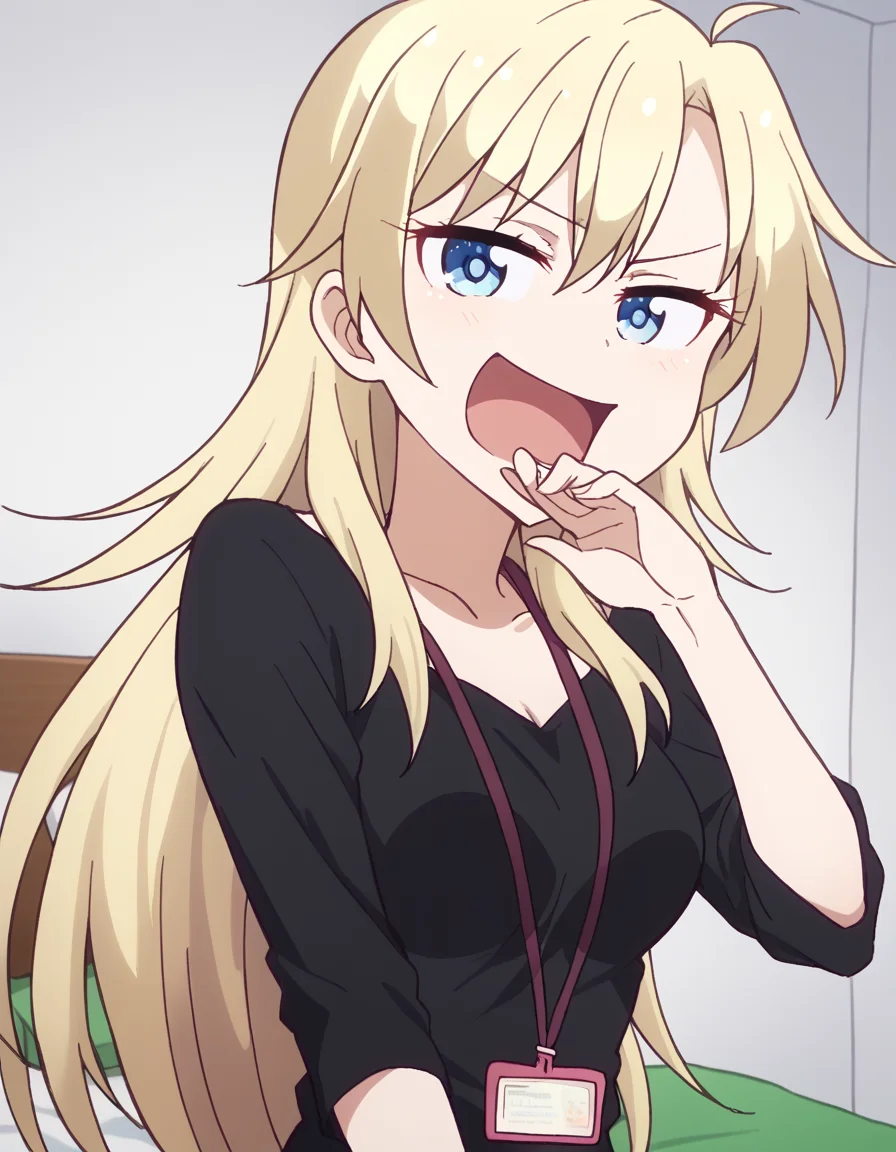 score_9, score_8_up, score_7_up, source_anime, <lora:kou-yagami-s2-ponyxl-lora-nochekaiser:1>, kou yagami, long hair, blue eyes, blonde hair, medium breasts,, shirt, collarbone, pants, black shirt, id card, lanyard, denim,, bedroom, alarm clock, morning routine, yawning, stretching, on bed,, , <lora:ojou-sama-pose-ponyxl-lora-nochekaiser:1>, ojou-sama pose, laughing, smug, hand to own mouth, open mouth,, looking at viewer, solo,, dutch angle, cowboy shot