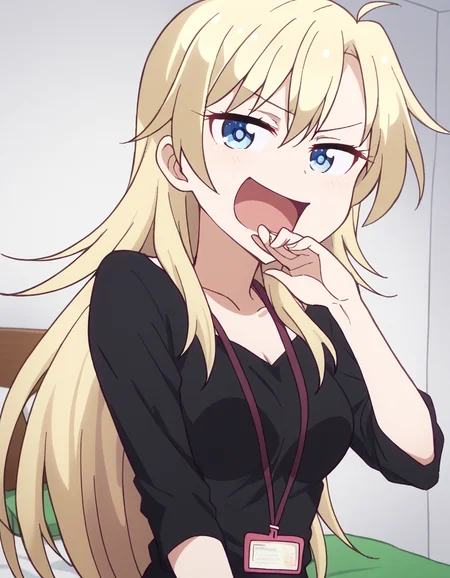 score_9, score_8_up, score_7_up, source_anime, <lora:kou-yagami-s2-ponyxl-lora-nochekaiser:1>, kou yagami, long hair, blue eyes, blonde hair, medium breasts,, shirt, collarbone, pants, black shirt, id card, lanyard, denim,, bedroom, alarm clock, morning routine, yawning, stretching, on bed,, , <lora:ojou-sama-pose-ponyxl-lora-nochekaiser:1>, ojou-sama pose, laughing, smug, hand to own mouth, open mouth,, looking at viewer, solo,, dutch angle, cowboy shot