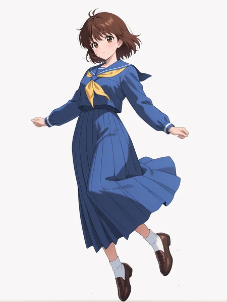 masterpiece,best quality,newest,
1girl,solo,
<lora:yukimura_keiko_ilxl_v1.1:1>,y_keiko,brown eyes,bangs,brown hair,short hair,
k_clothes,blue sailor suit,long_sleeves,blue shirt,yellow neckerchief,blue long skirt,socks,loafers,
<lora:Fixhands_anime_bdsqlsz_V1:1>,light_blush,cinematic_angle,looking_at_viewer,jumping,full body,parted lips,sweatdrop,white_background,simple_background,