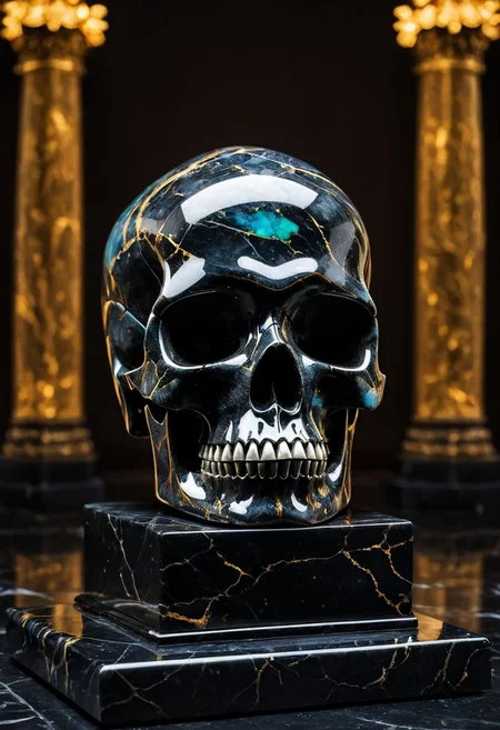 Fujifilm XT3, Sony A7 IV, (award winning photography) a (black: 0.89) marble skull made of opal (Kintsugi: 0.89) set on a pedestal in temple, glistening. in the background beautiful pillars, divine (iridescent: 0.79), opalescent textures, volumetric light, ethereal, sparkling, studio photo, highly detailed, sharp focus (highest quality: 1.39) (highest coherency: 1.39) (award winning photography), highly detailed photography, (muted colors, cinematic, dim colors, soothing tones:1.2), vibrant, insanely detailed, hyperdetailed, (dark shot:1.2), (vsco:0.3), (intricate details:0.9), (hdr, hyperdetailed:1.2) (vignette), sss, raw photo, fijifilm, kodak, cinematic film grain