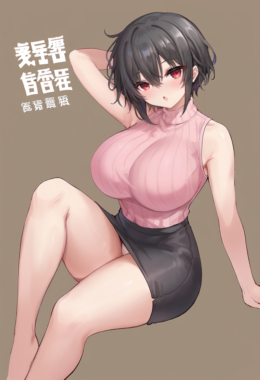 score_9, score_7_up,  1girl, 
solo, huge breasts, wide hips, thick thighs, turtleneck sweater, breasts, pencil skirt, open mouth, sitting, panties, turtleneck, short hair, no pants, sweater, hair between eyes, red eyes, black skirt, underwear, barefoot, ribbed sweater, sleeveless sweater, head tilt, pink sweater, sleeveless, blush, looking at viewer, brown background, arm behind head, black hair, :o, skirt, seiza, artist name, arm up, thighs
 <lora:shiodome_oji-Style-PonyXL-GLoRA:1>