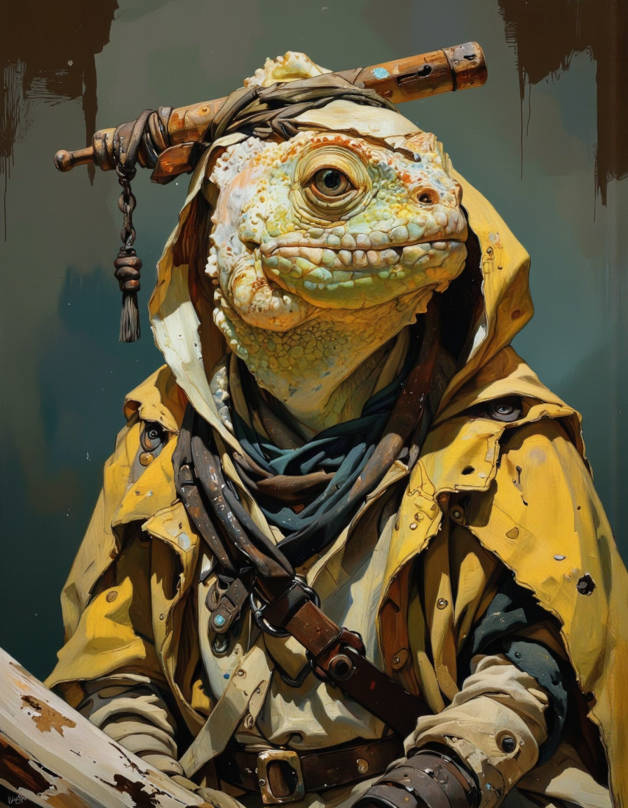 By theaicolab. A digital illustration shoot from the side about a yellow Iguana, rust, epic, wearing cultist cloak, full body. shallow depth of field, vignette, highly detailed, high budget, bokeh. <lora:The_AI_Colab:1>