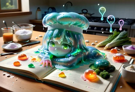slimegirlsfw, translucent pastel body, glowing eyes, tiny chef hat. Sitting on kitchen table, spoon half-raised, surrounded by floating veggies and spilled flour. Thoughtful gaze, tilted head, hand on chin, soft glowing thought bubbles with question marks. Gentle sunlight, hovering recipe book with glowing text. Playful yet introspective mood, gelatinous textures, neon pastel accents, Sl1m3d, slime-morph