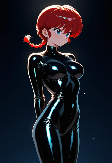 1girl, ranma-chan, ranma 1/2, red hair, single braid, blue eyeliner, medium breasts, skinny, short body, (short height:1.5), makeup,
(black full-body suit, shiny suit:1.3), 
standing, hands behind back, (cowboy shot:1.3)
dark background, (ambient light, iridescent light, underlighting,:1.3),
general, masterpiece, best quality, anime coloring, highres, scenery,, <lora:dmd2_sdxl_4step:1>