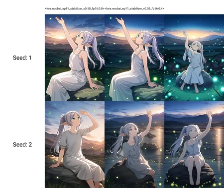 <lora:noobai_ep11_stabilizer_v0.58_fp16:0.8>1girl,frieren,green eyes,looking up,arm up,sitting on rock,fireflies,town,mountainous horizon,sunrise,masterpiece,